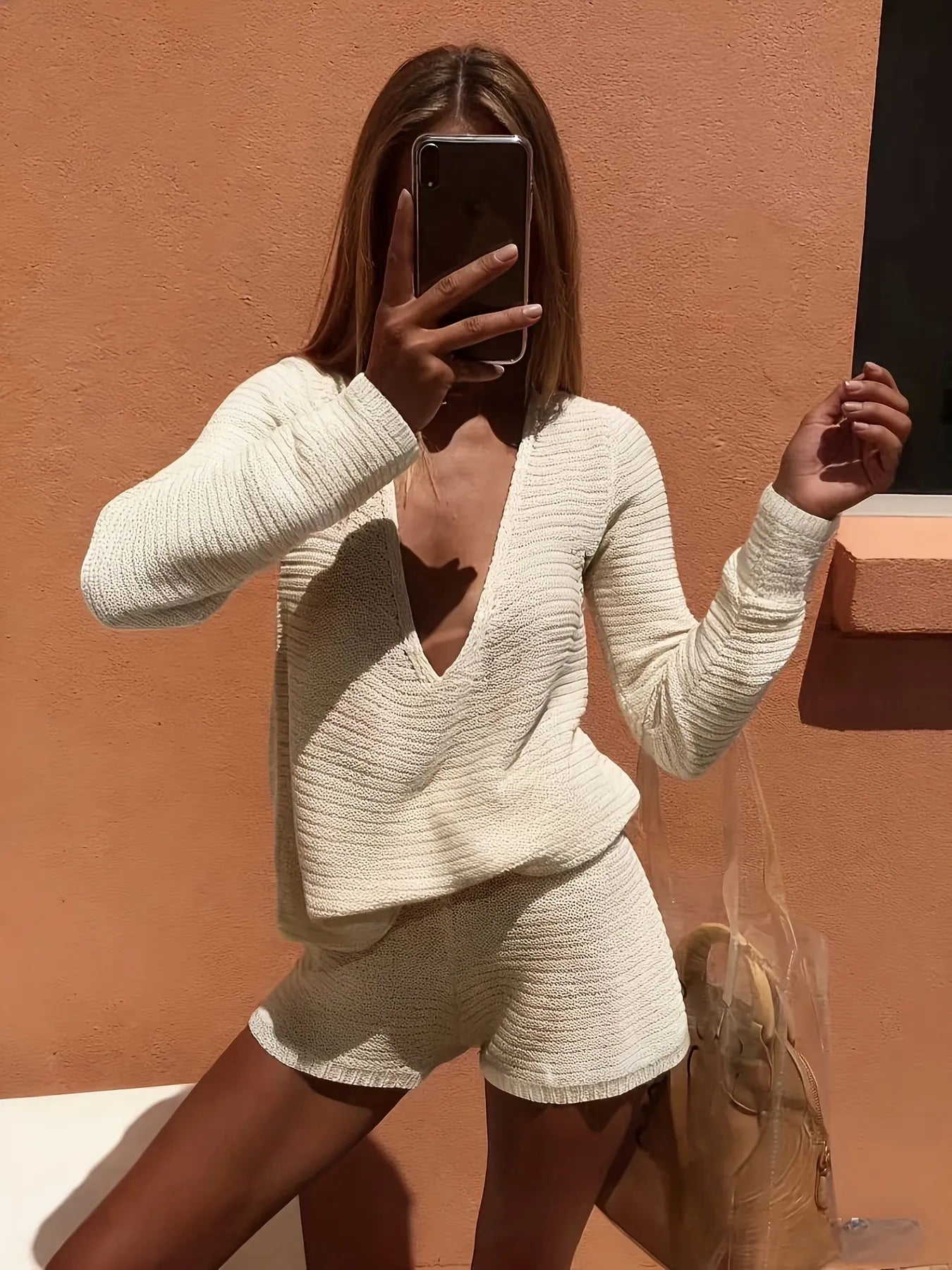 Solid V Neck Knit Long Sleeve Top & Shorts Two Piece Set