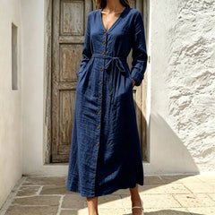 V Neck Long Sleeve Lace-Up Cotton Linen A-Line Maxi Dress