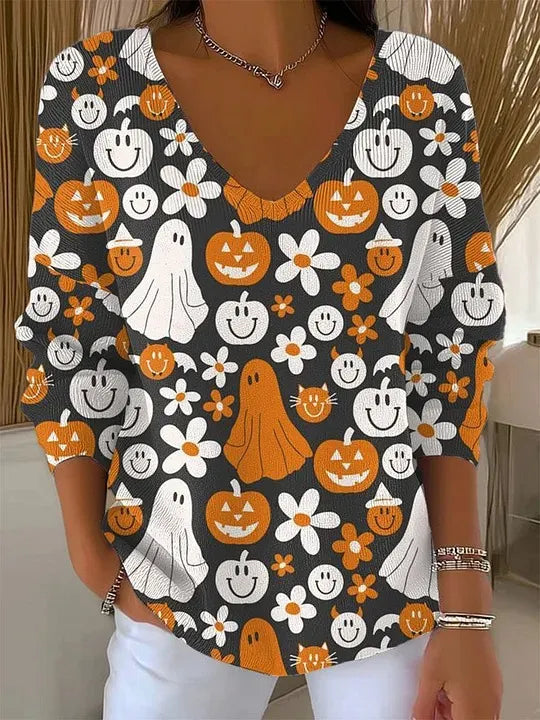 Halloween Ghost Pumpkin V‑Neck Sweater