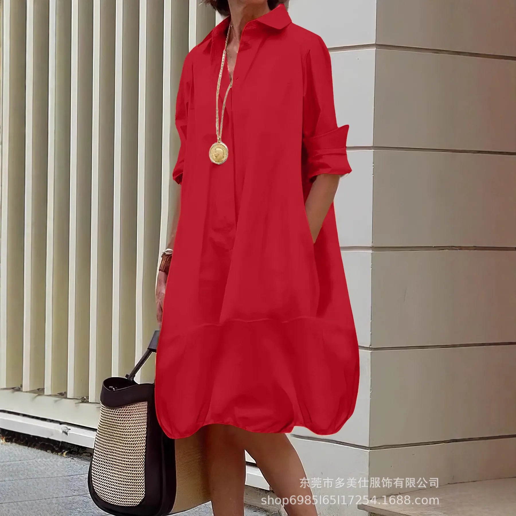 Solid Color Button Front Pocket Shirt Midi Dress
