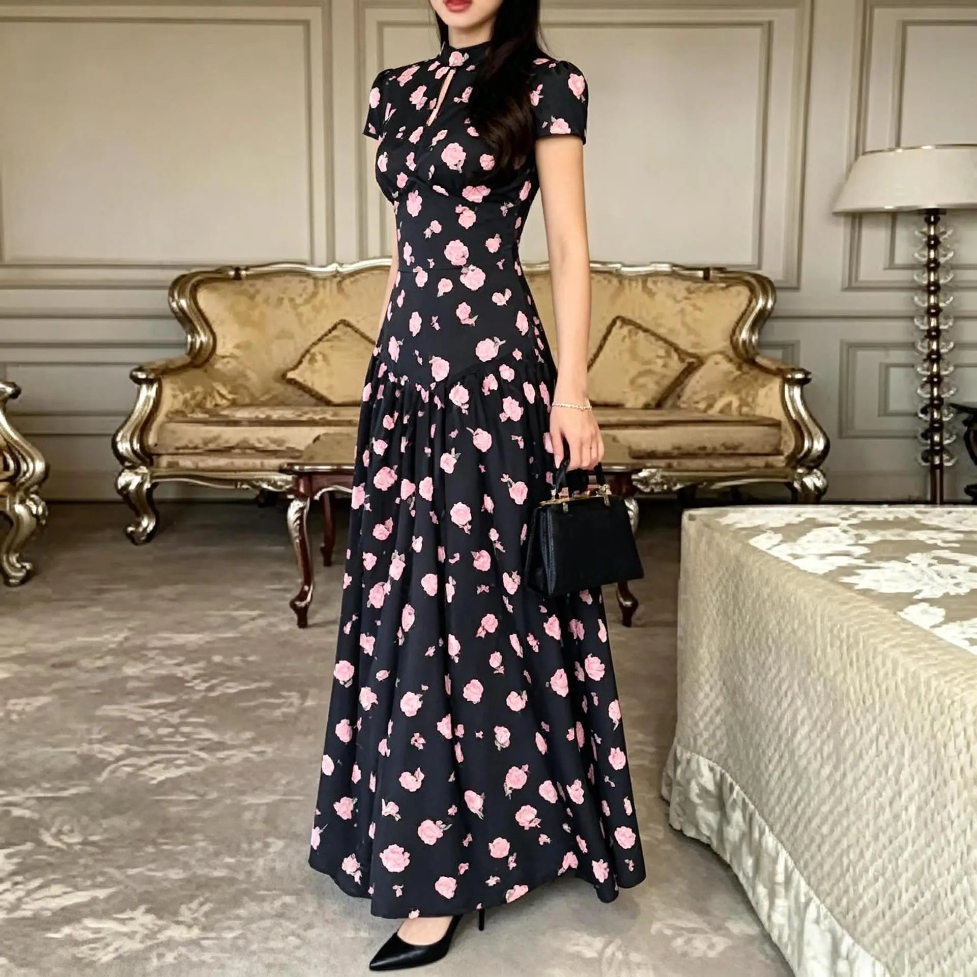 Floral Print Keyhole Neck Maxi Dress