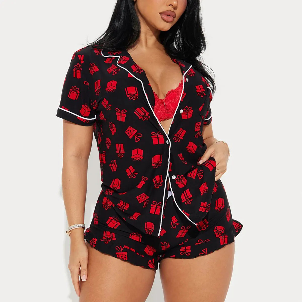 Cross-border pajamas summer strips basic short-sleeved shorts casual loungewear two-piece nightwear
