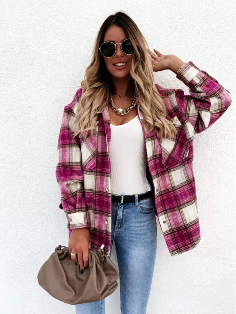 Fall Outfit Brown Check Shacket, Loose Fit Flannel Plaid Shirt Coat