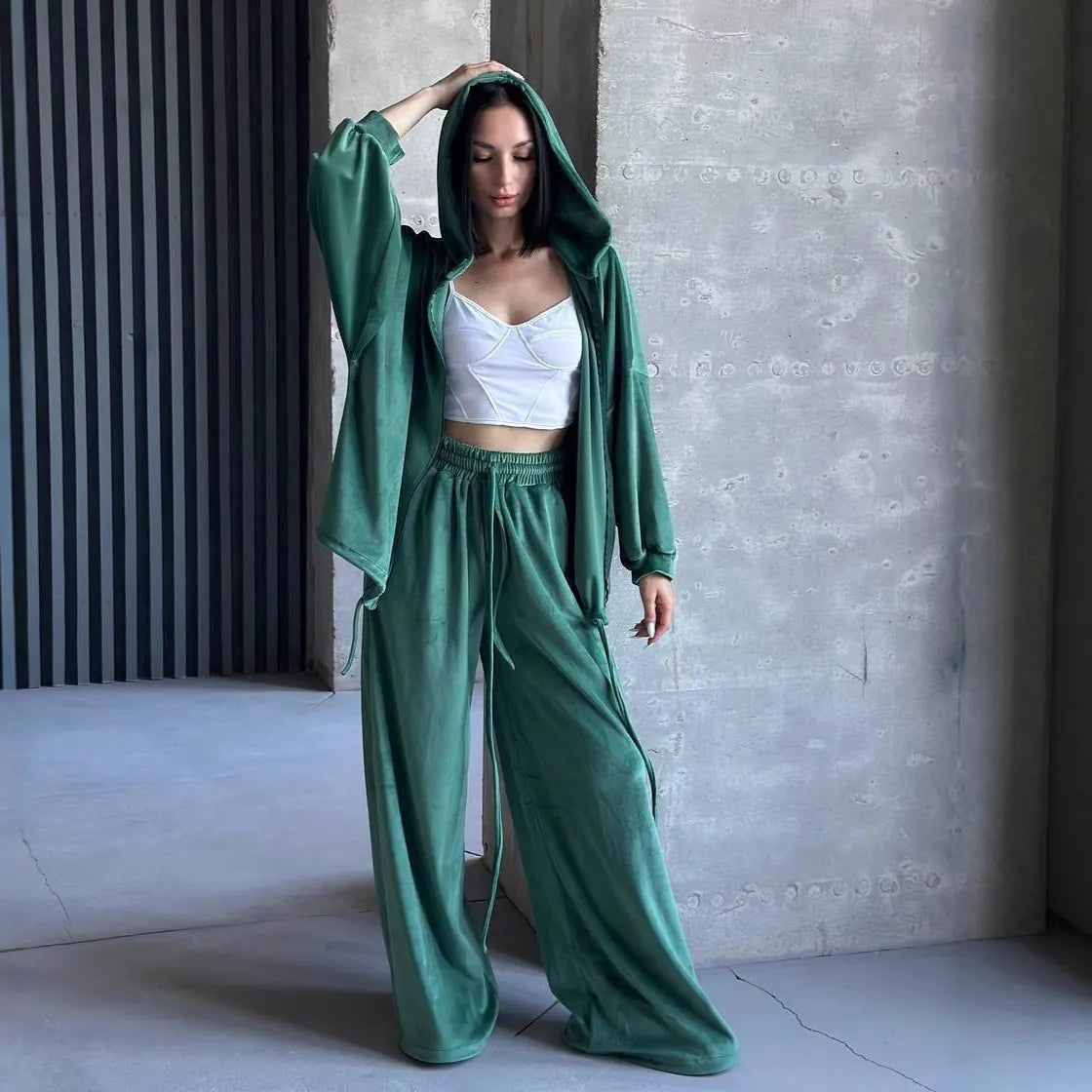 Solid Casual Long Sleeve Top & Wide Leg Pants Streetwear