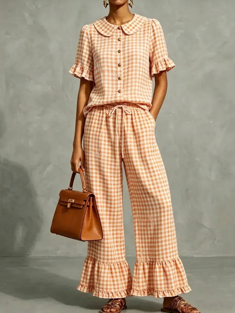 Gingham Peter Pan Collar Ruffle Short Sleeve Top & Flared Pants Two Piece Set
