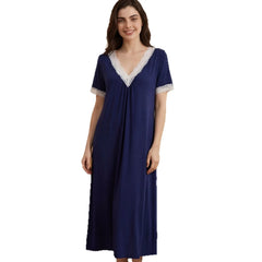 Elegant Ladies Midi Nightdress, Soft Modal V-Neck Lace Edge Short Sleeve Night Gown