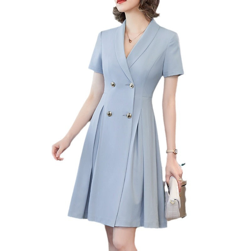 Navy Blue V-Neck Short-Sleeve Blazer Midi Dress