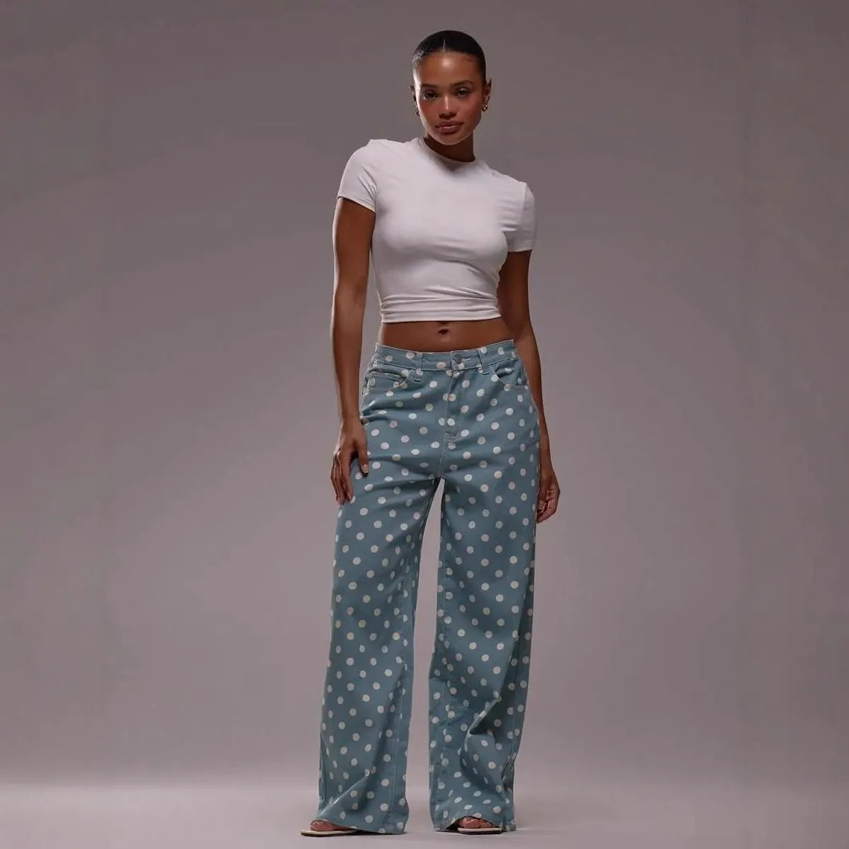Polka Dot High Waist Straight Wide Leg Pants