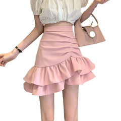 High-Waisted Ruched Ruffle Mini Skirt