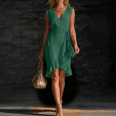 Deep V Neck Sleeveless Wrap Tie Waist Irregular Ruffle Hem Midi Dress