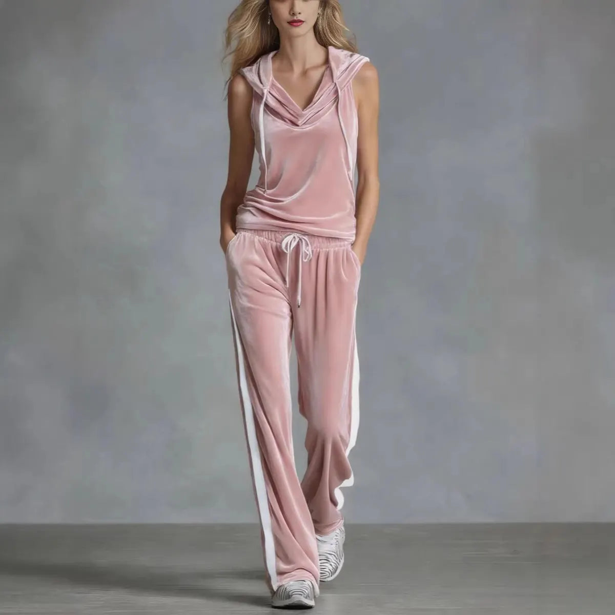 Velvet Sleeveless Hoodie and Wide Leg Pants 2 Piece Set