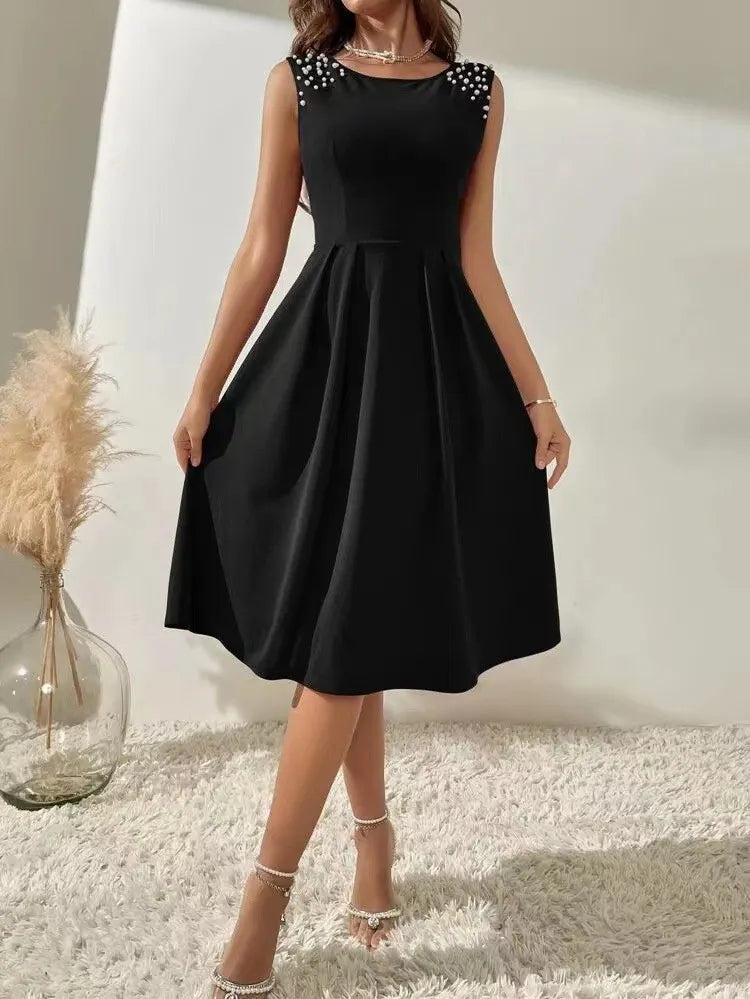 Sleeveless Pearl Decor Midi Swing Dress