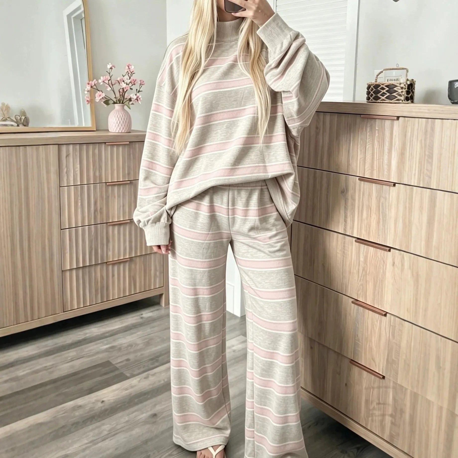 Casual Striped Matching Two Piece Set, Cozy Mock Neck Sweatshirt and Wide Leg Trousers