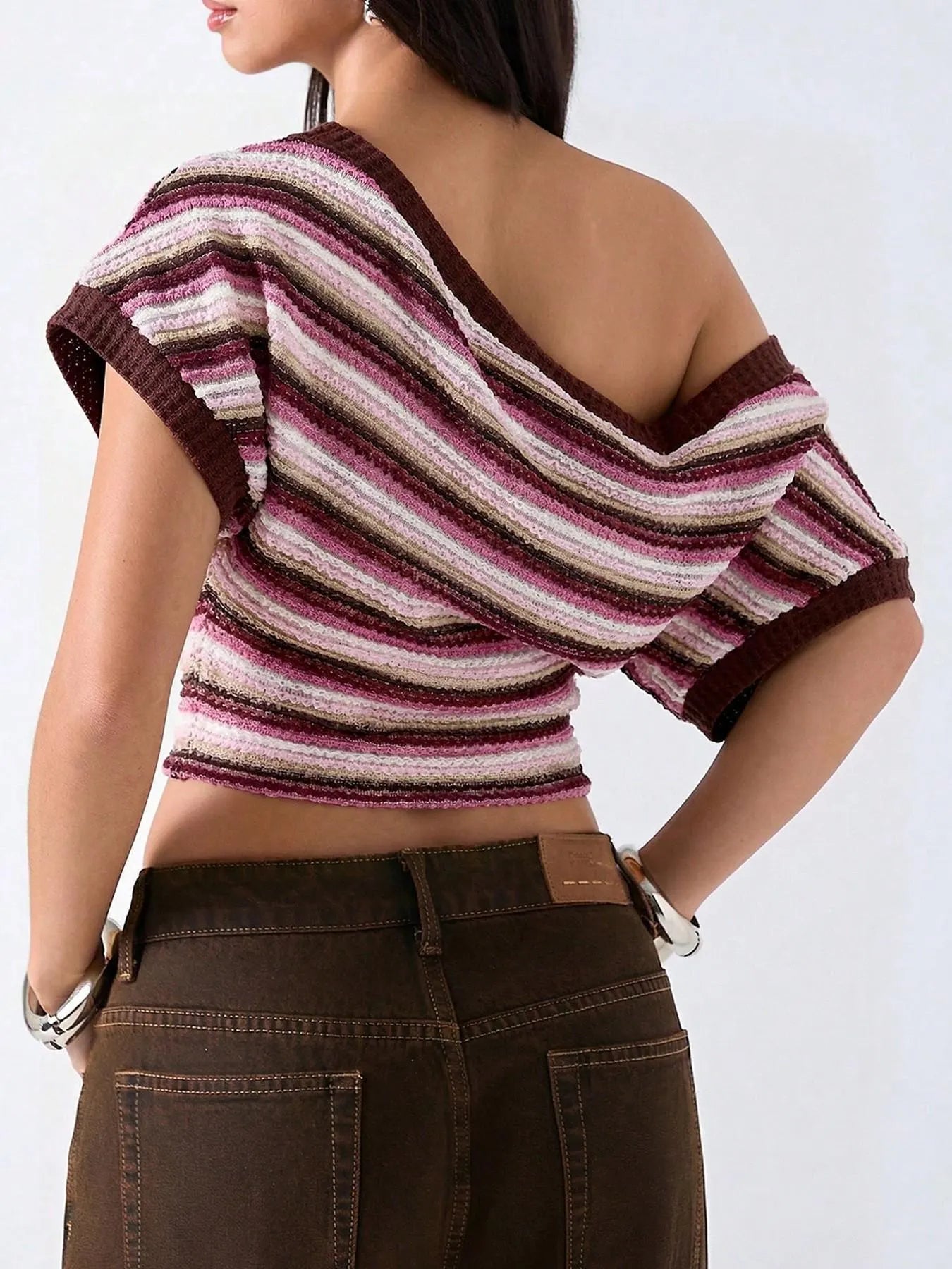 Retro Stripe Off‑Shoulder Cropped Knit Top