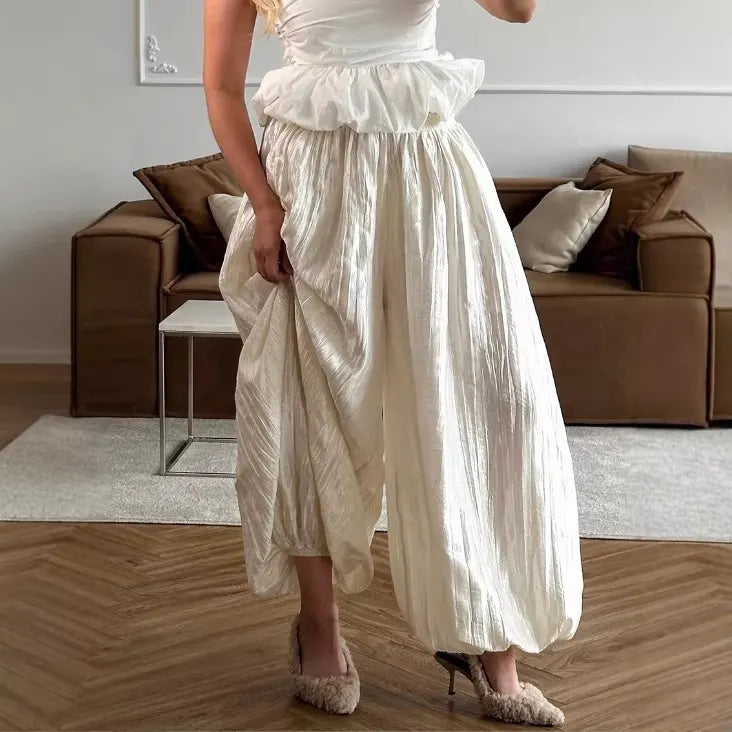 High Waist Solid Color Textured Bloomers Long Pants