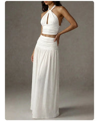 Halter Cutout Crop Top Maxi Skirt 2 Piece Outfit Textured Crinkle Matching Set