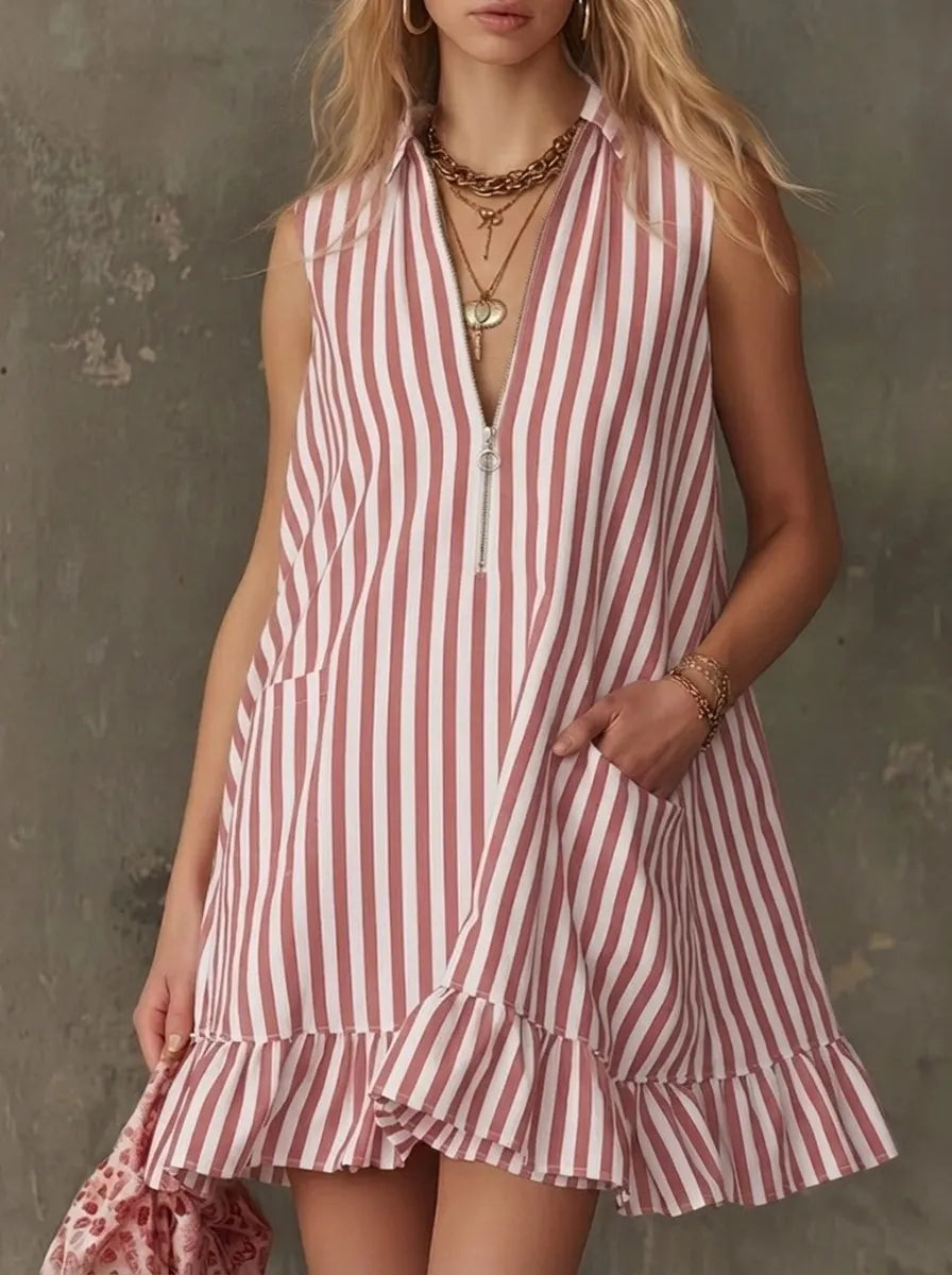 V-Neck Sleeveless Striped Ruffle Hem Loose A-Line Mini Dress