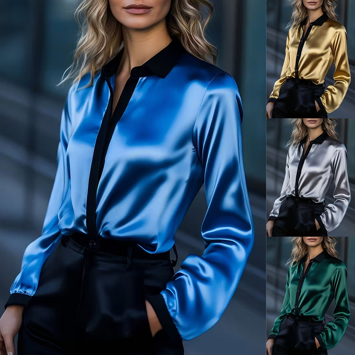 Contrast-Collar Satin Button-Down Shirt