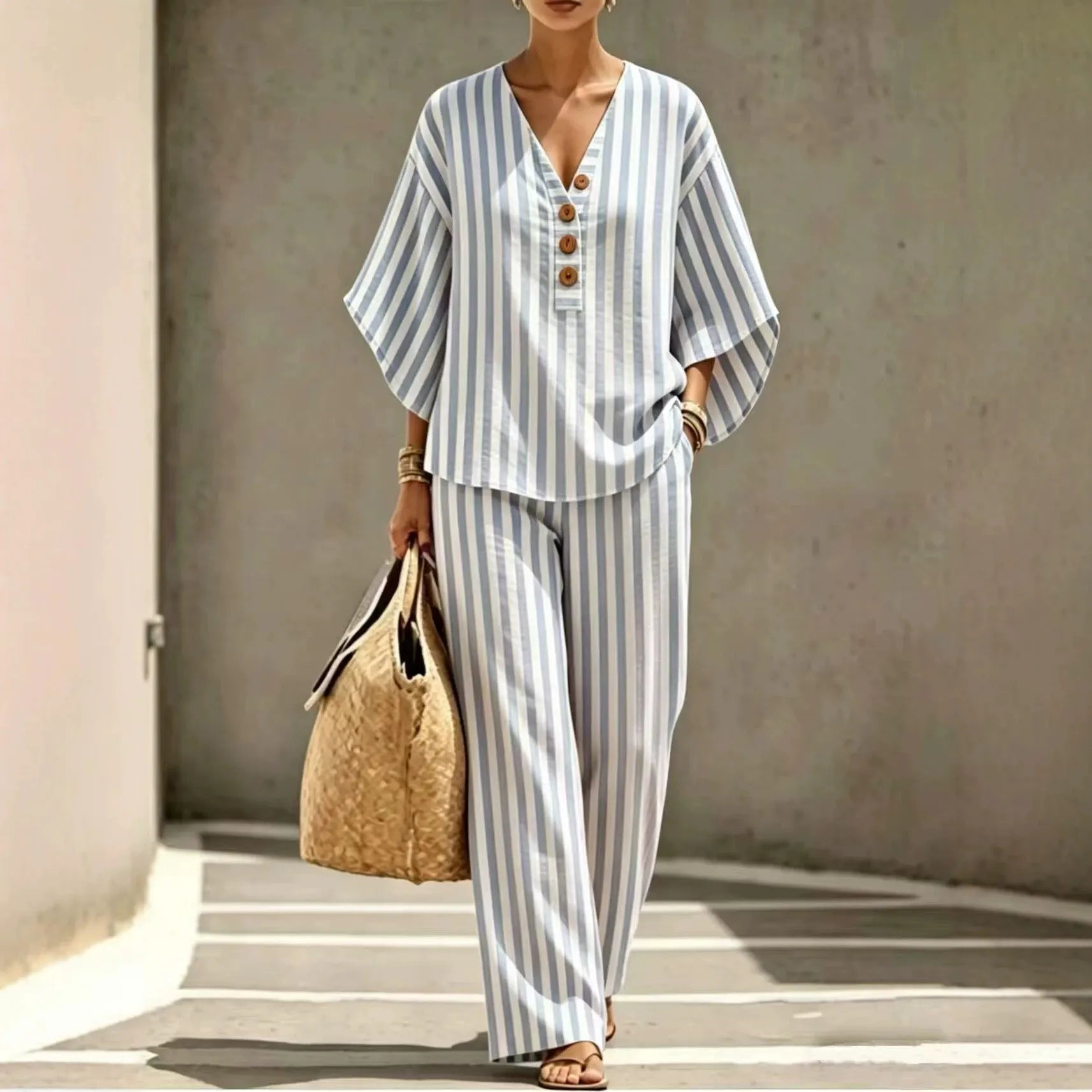 Vertical Stripe Half Button V Neck Top & Wide Leg Pants Two Piece Casual Set