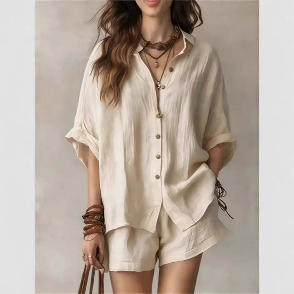 Collared Roll Sleeve Oversized Linen Shirt + Elastic Waist Shorts 2 Piece Casual Set