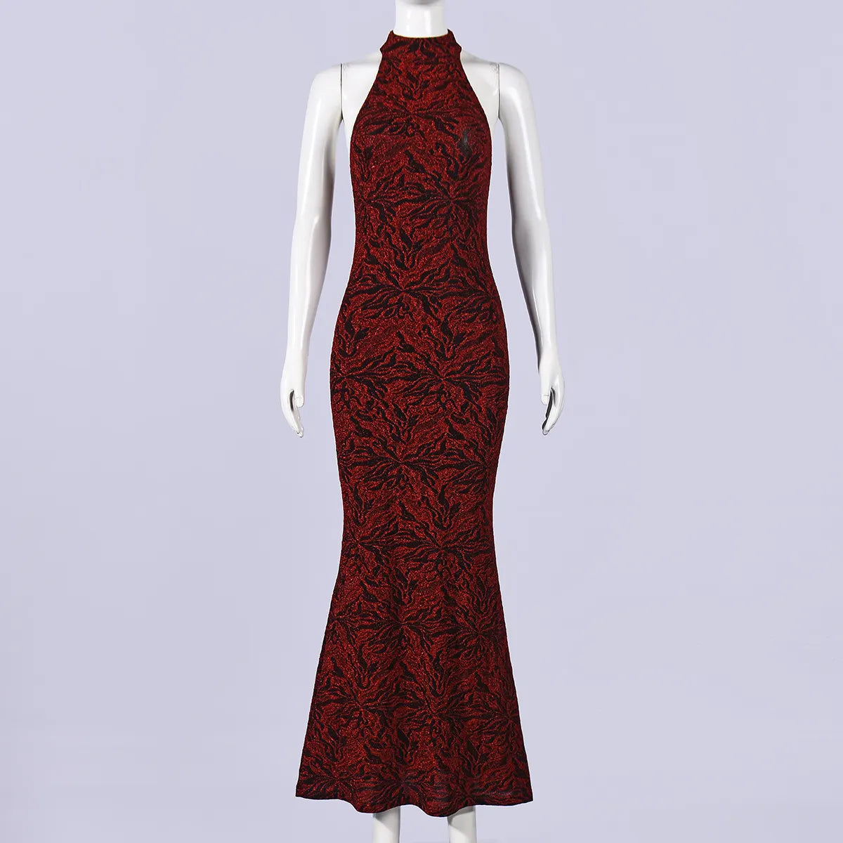 Printed Halter Neck Sleeveless Fishtail Maxi Dress