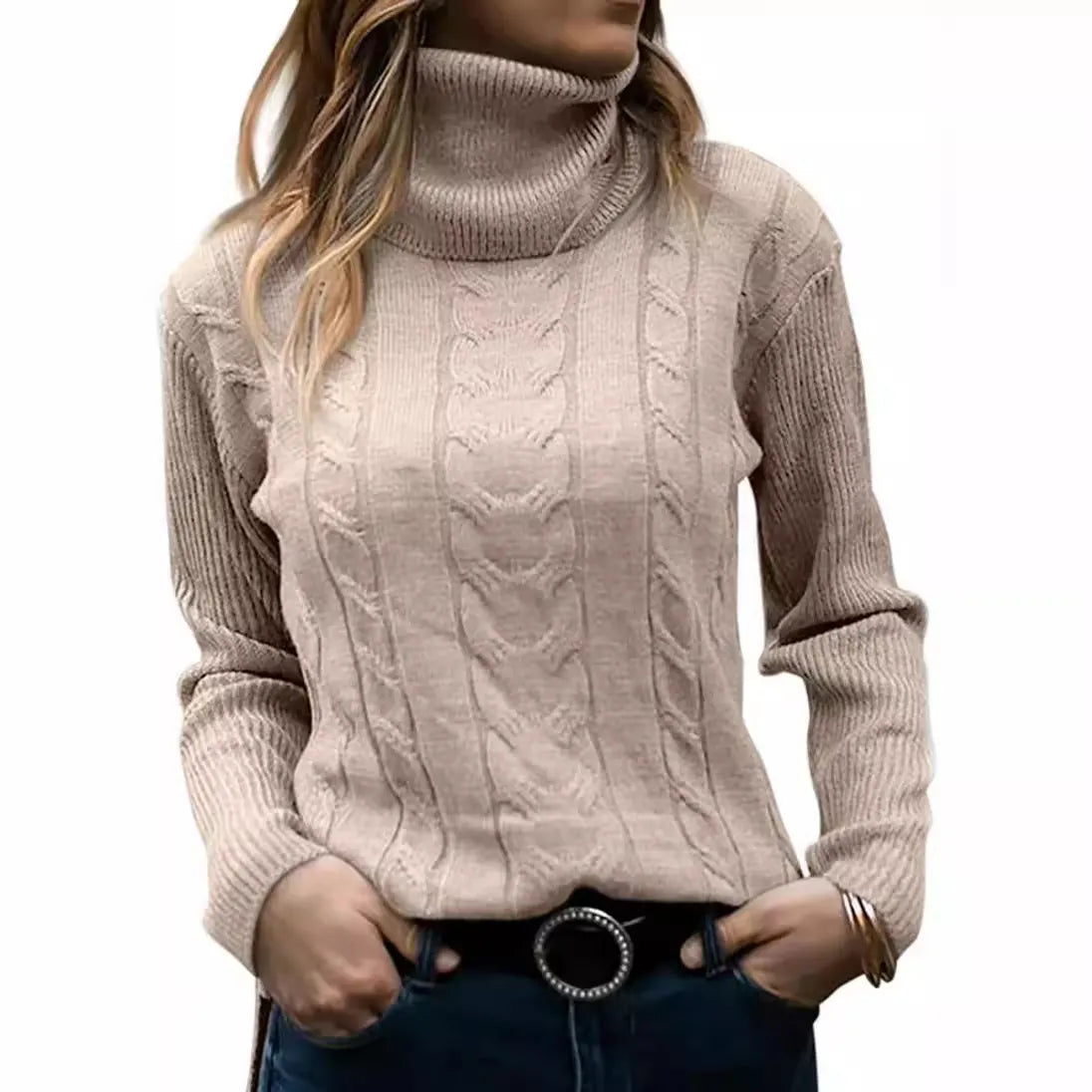 Thick Cable Knit Turtleneck Sweater, Classic Warm Long Sleeve Winter Jumper
