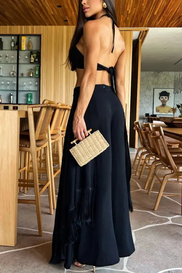 Boho High Waist Tassel Hem Flowy Wide Leg Palazzo Pants