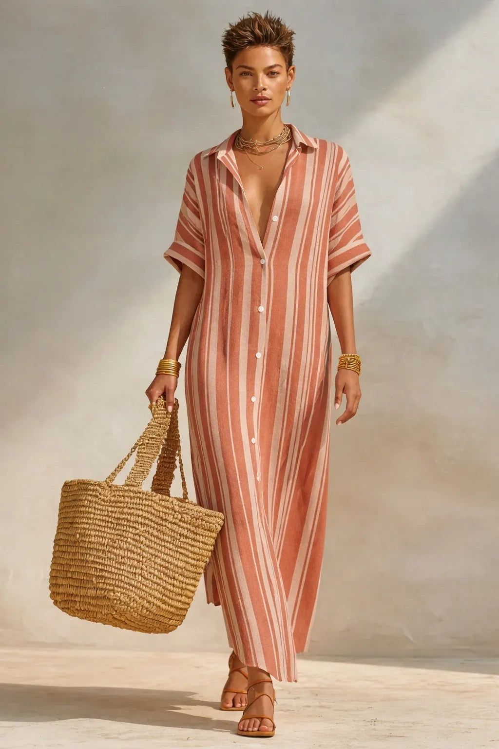 Striped Button Front Shirt Maxi Dress