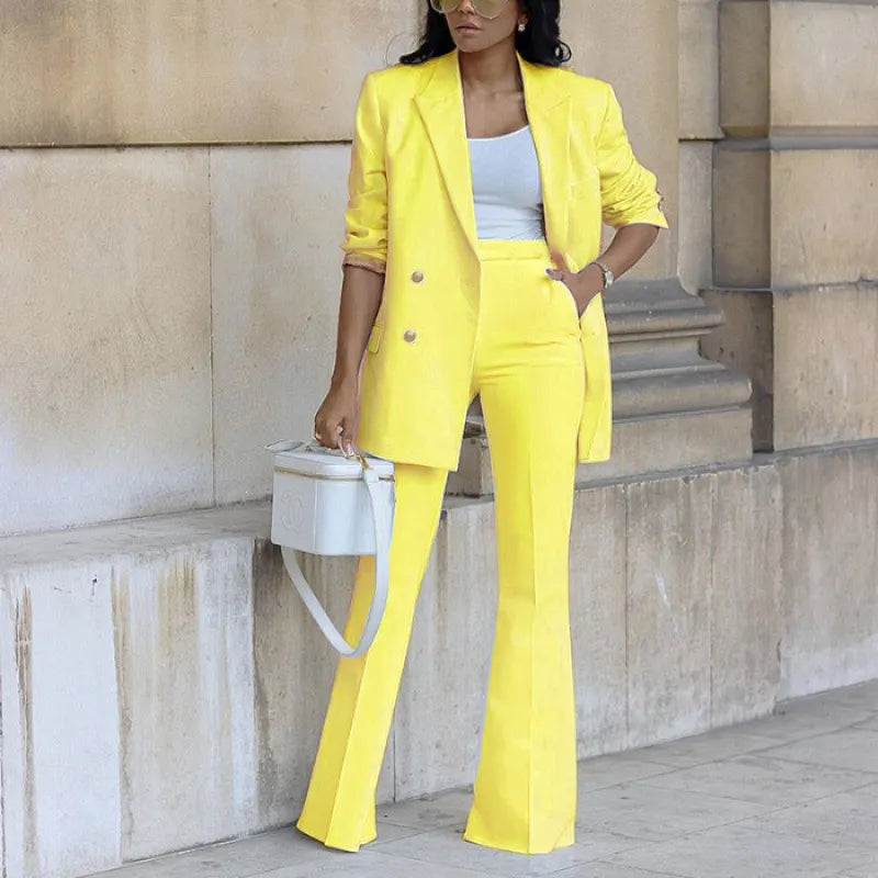 Double Breasted Blazer & High Waist Flared Pants Two Piece Commuter Suit Set