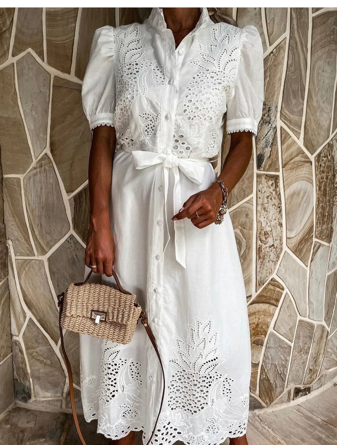 Eyelet Embroidered Button Down Midi Dress