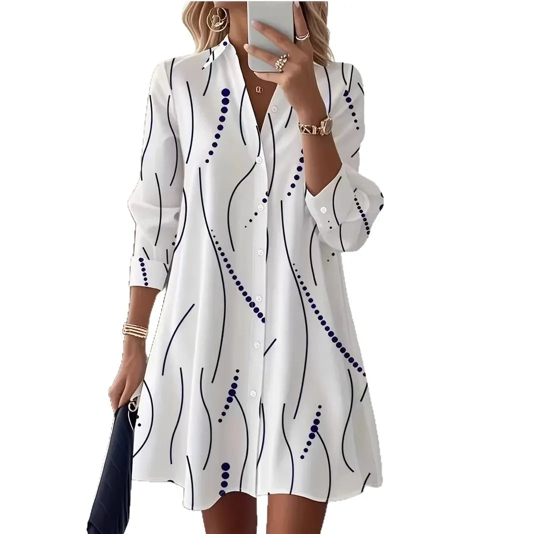 Strip Dot Line Print Lapel Long Sleeve Shirt Mini Dress