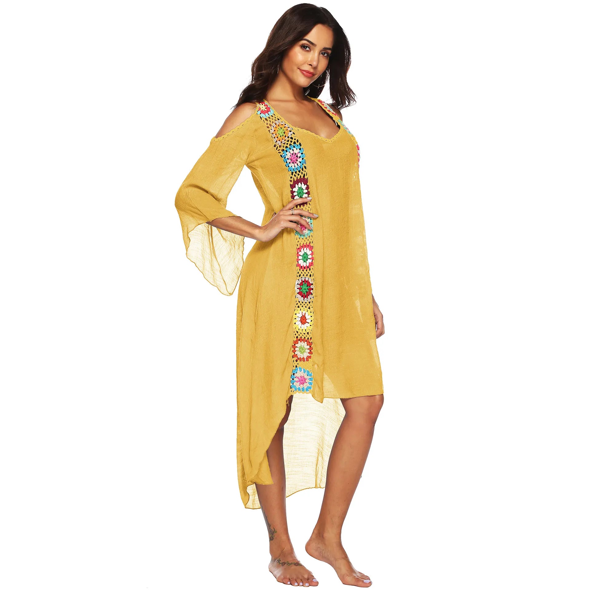 Colorful Crochet Irregular Cold Shoulder Cover-Up Dress