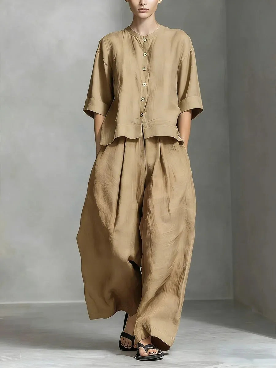 Linen Blend Two-Piece Set, Button-Down Top and Wide Leg Pants