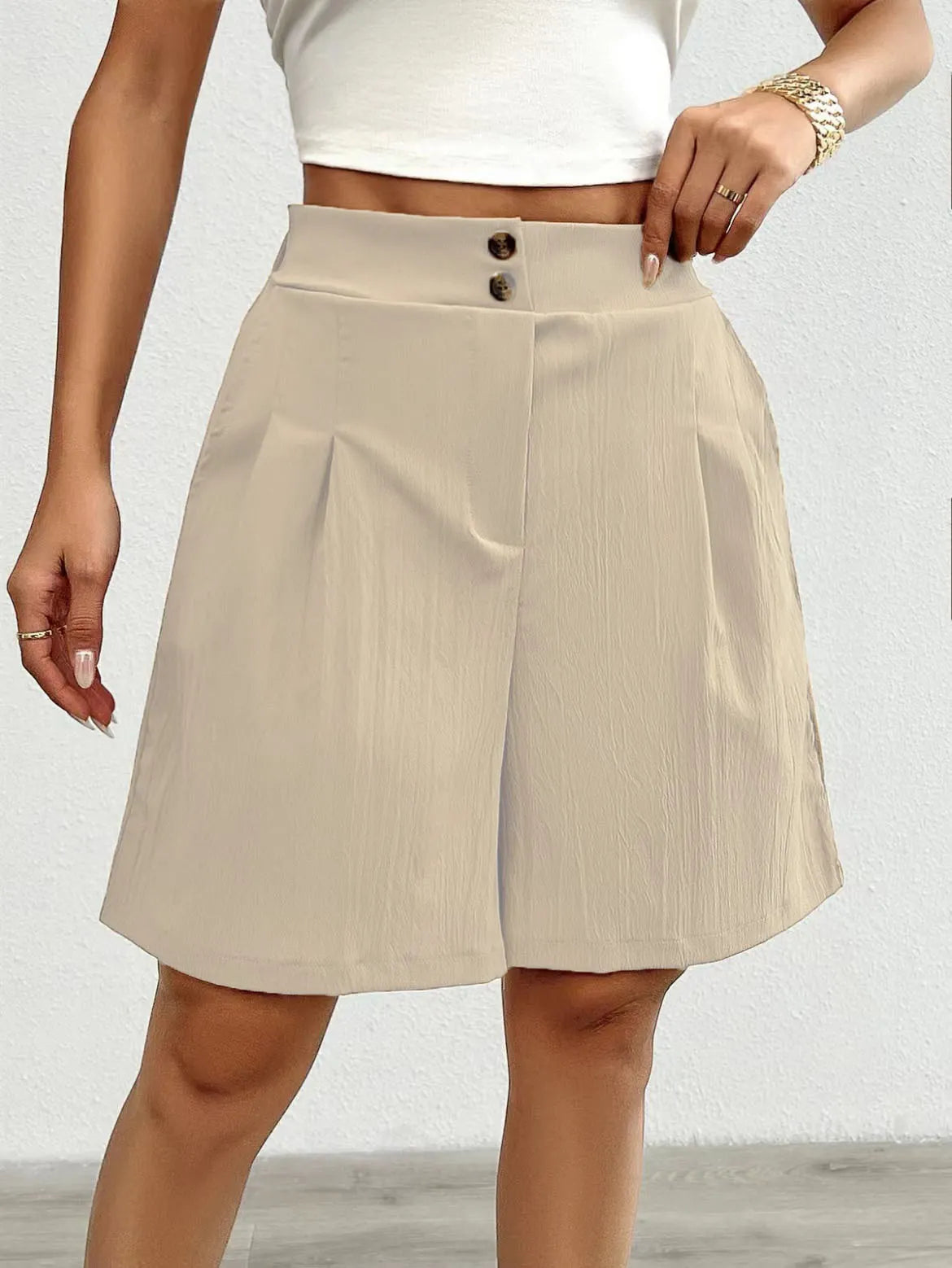 High Waist Double Button Pleated Casual Bermuda Shorts