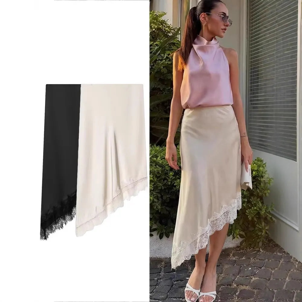 Solid Color Satin Lace Trim Irregular Hem Midi Skirt