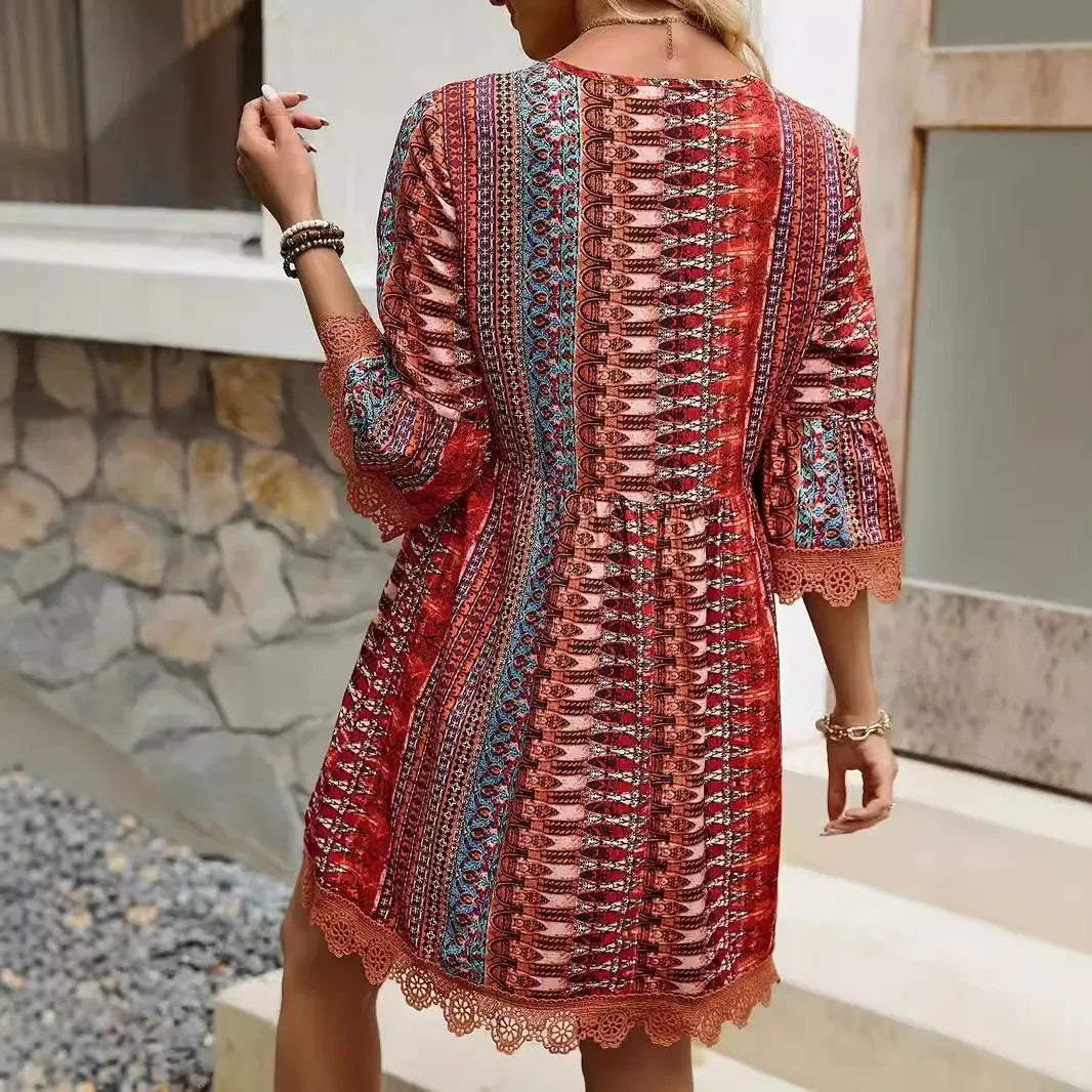 Boho V Neck Lace Trim Floral Print Short Dress