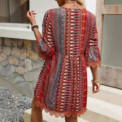 Boho V Neck Lace Trim Floral Print Short Dress