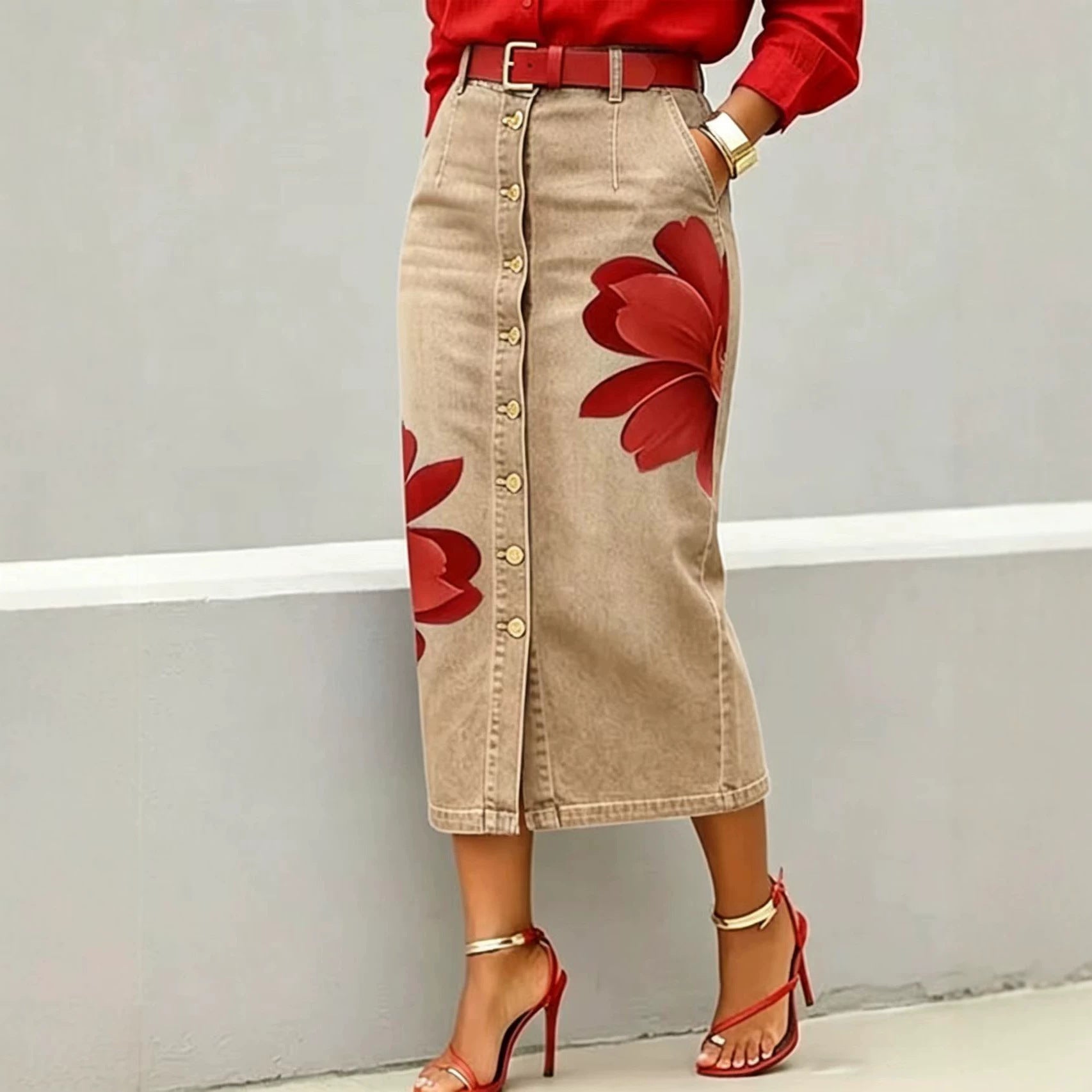High Waist Red Flower Print Denim Midi Skirt, Button Front Straight Jean Skirt