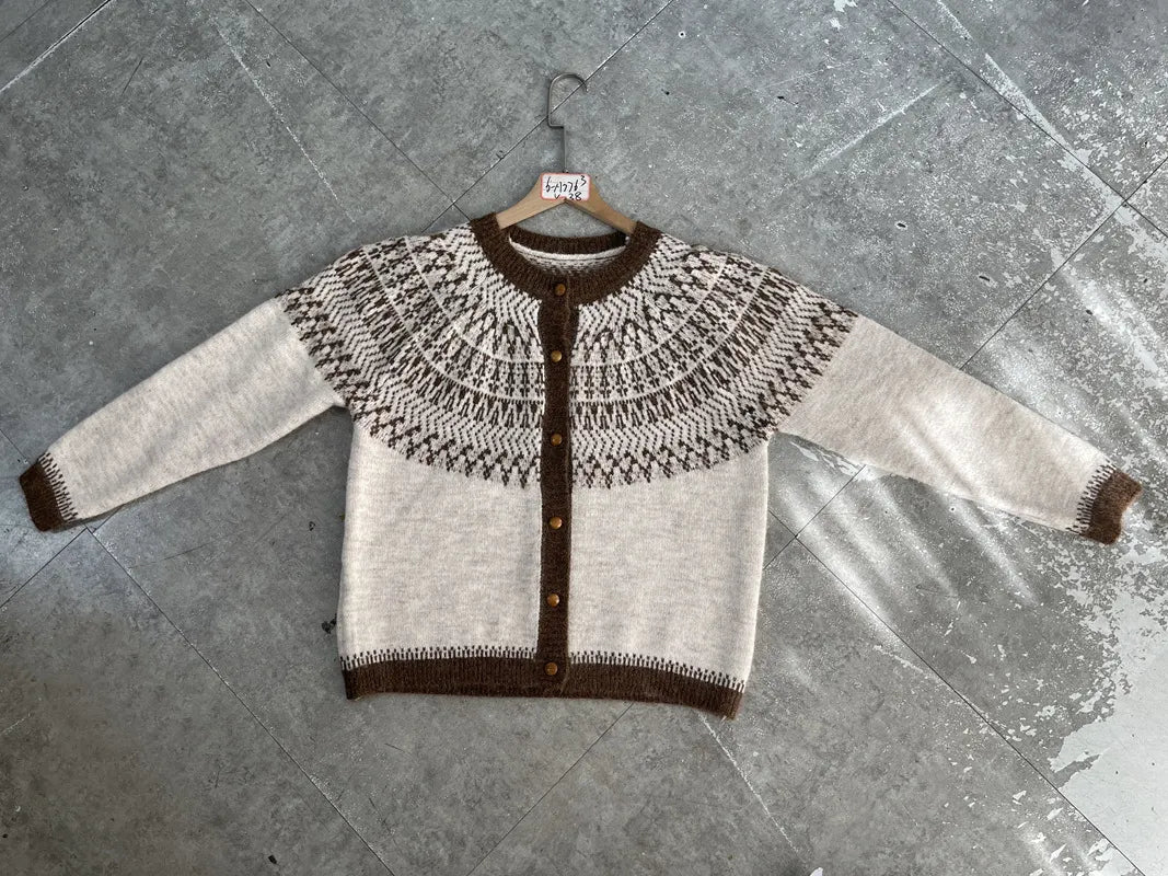 Nordic Geometric Pattern Knit Cardigan Round Neck Button Front Cozy Long Sleeve Sweater for Women