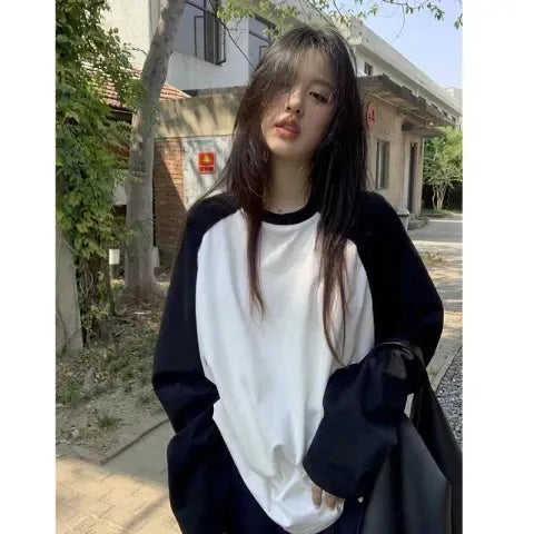 Oversized Contrast Color Raglan Long Sleeve Crew Neck Casual T-Shirt