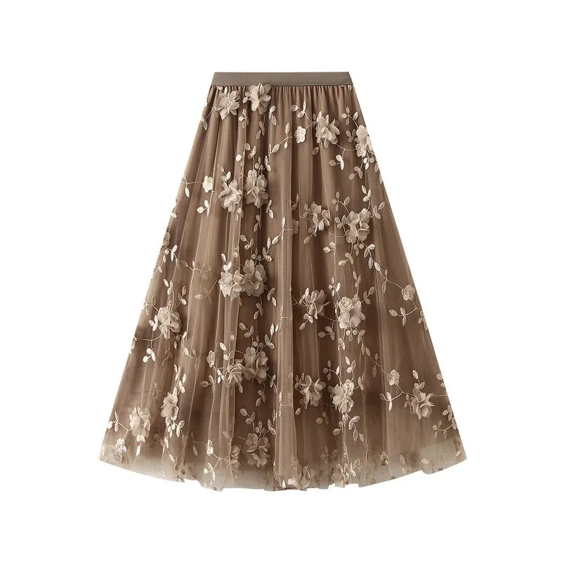 3D Floral Embroidered Tulle Maxi Skirt