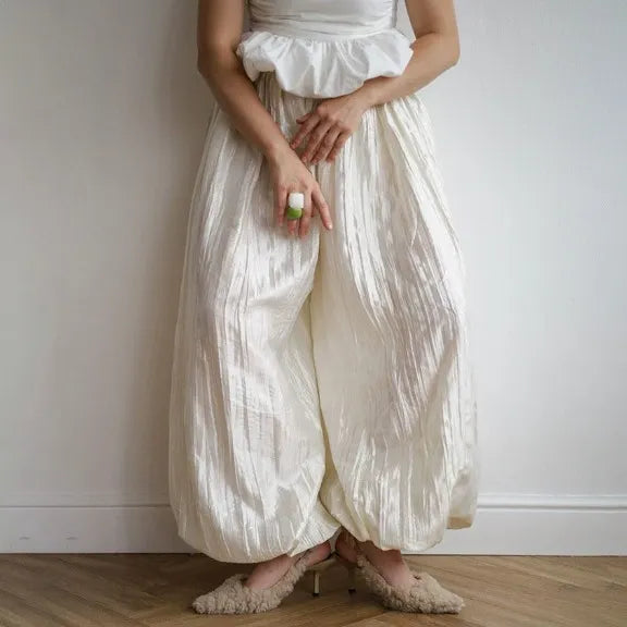 High Waist Solid Color Textured Bloomers Long Pants