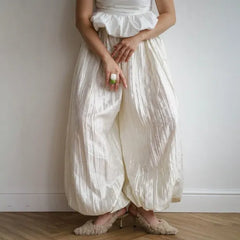 High Waist Solid Color Textured Bloomers Long Pants