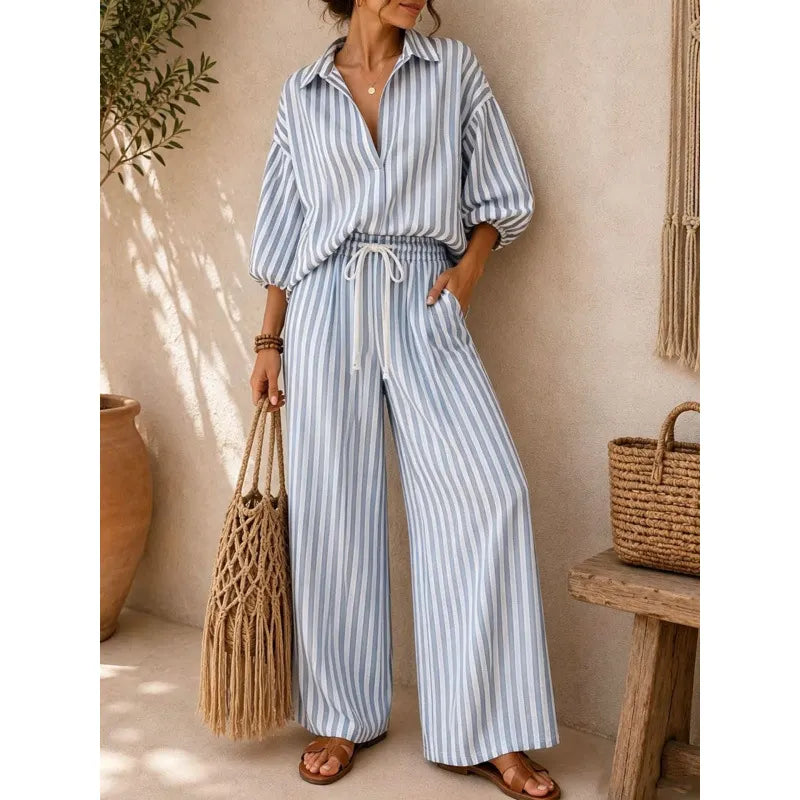 Vertical Stripe Lapel Shirt & Drawstring Wide Leg Pants