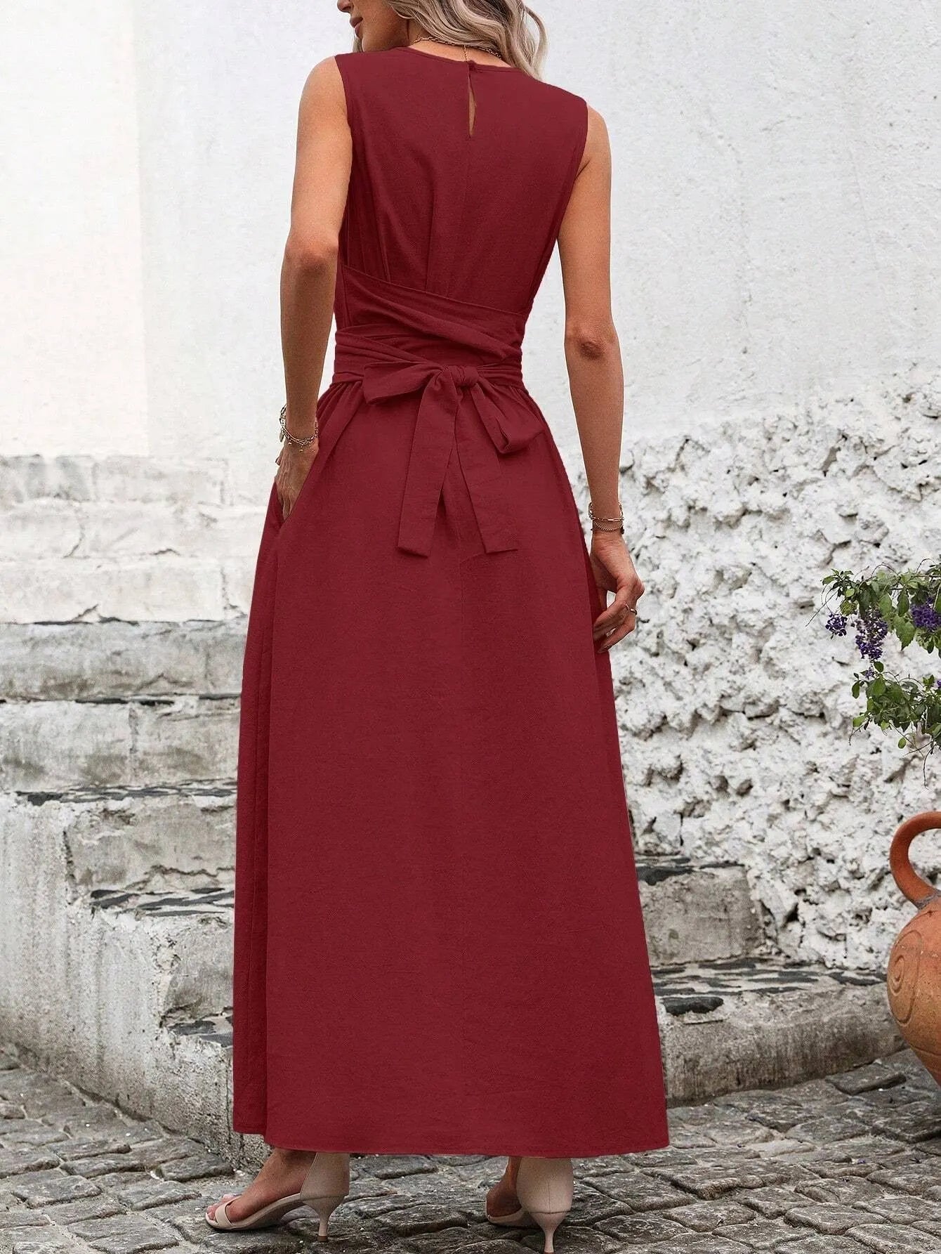 Sleeveless Round Neck Self Tie Waist Midi Dress