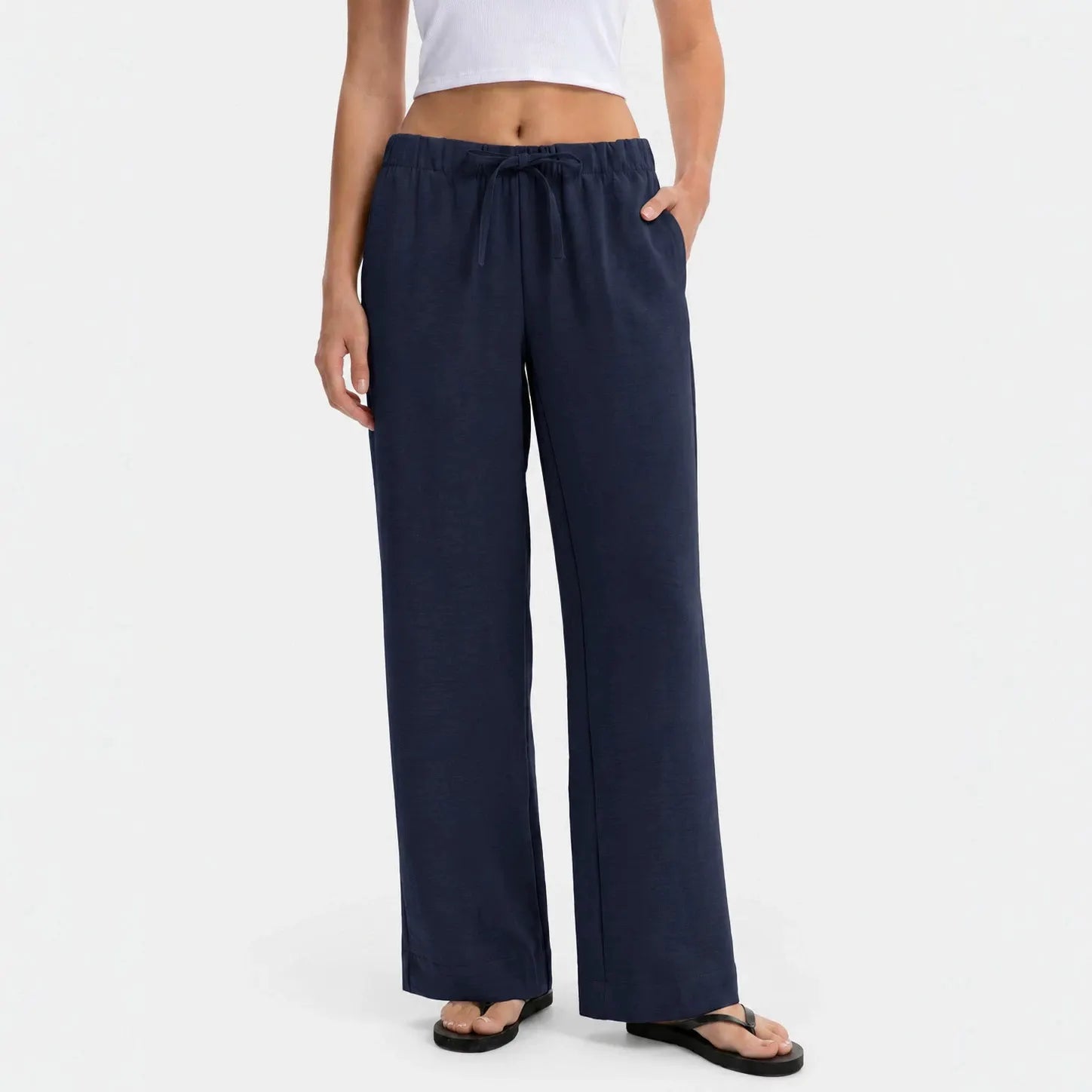 Drawstring Elastic Waist Wide Leg Casual Long Pants Solid Color Loose Trousers