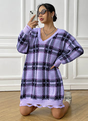 Plaid V-Neck Oversized Sweater Dress