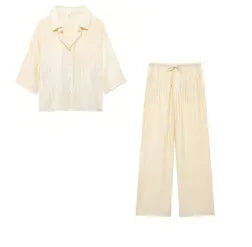 Printed Lapel 3/4 Sleeve Shirt & Wide Leg Long Pants Two Piece Casual Set