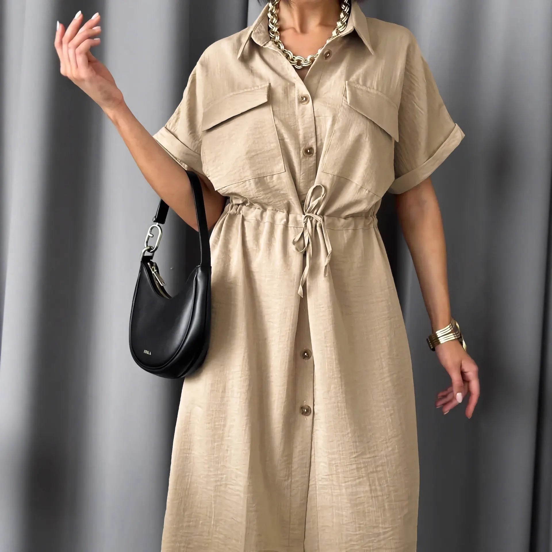 Casual Lapel Button Drawstring Waist Cargo Shirt Midi Dress
