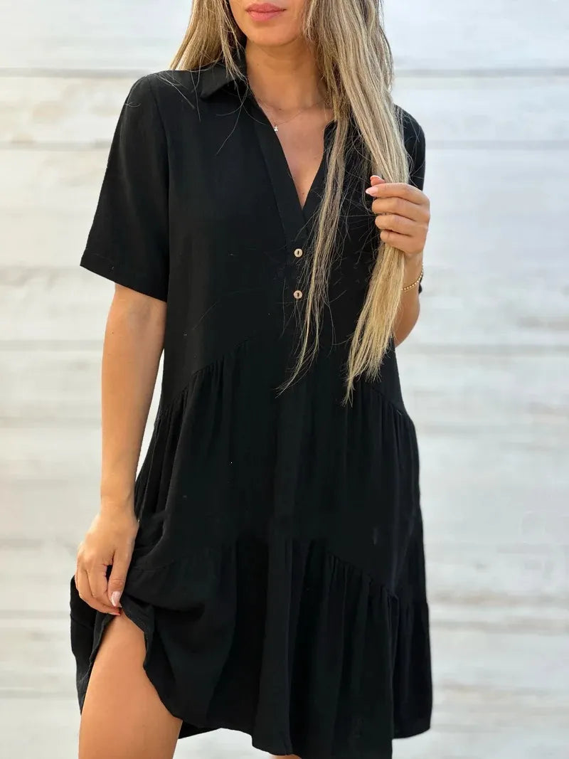 Solid Lapel Half Button Short Sleeve Loose Tiered Cotton Linen Midi Shirt Dress
